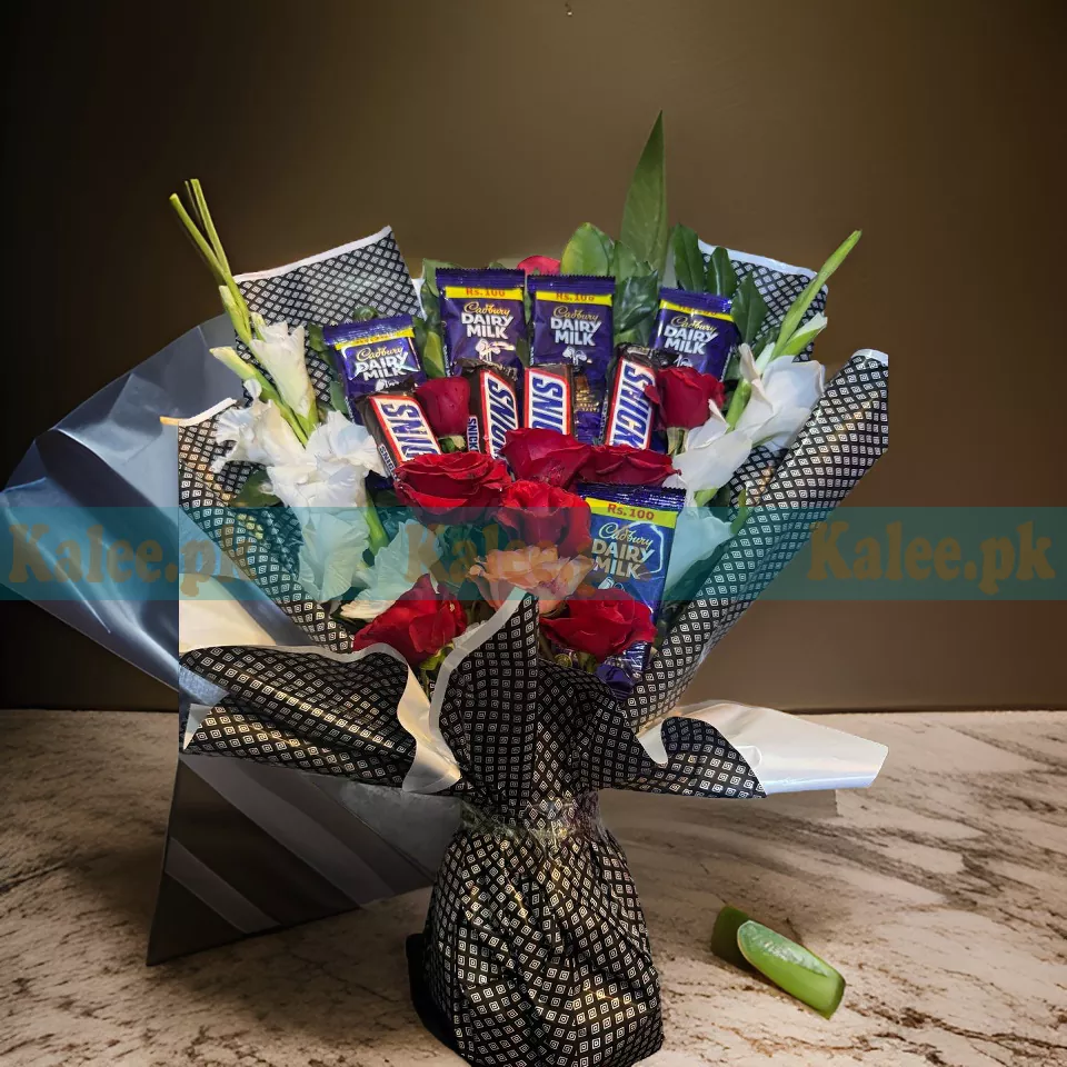 Romantic Elegance Red Rose and White Glades Bouquet with Chocolates