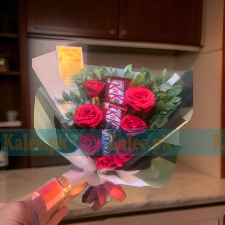 A luxurious Chocolate Bouquet paired with elegant English red roses for a stunning and indulgent gift.