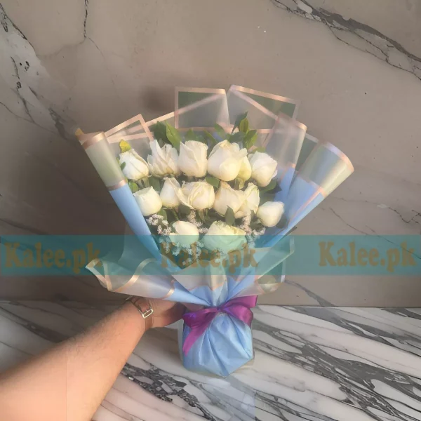 White Rose Flowers Premium Bouquet With Statice