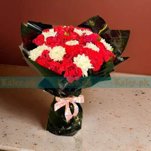 A breathtaking bouquet of red roses beautifully arranged and wrapped