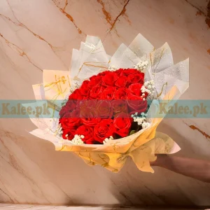 Classic Beauty Stylish Bouquet of Red Roses & Baby’s Breath