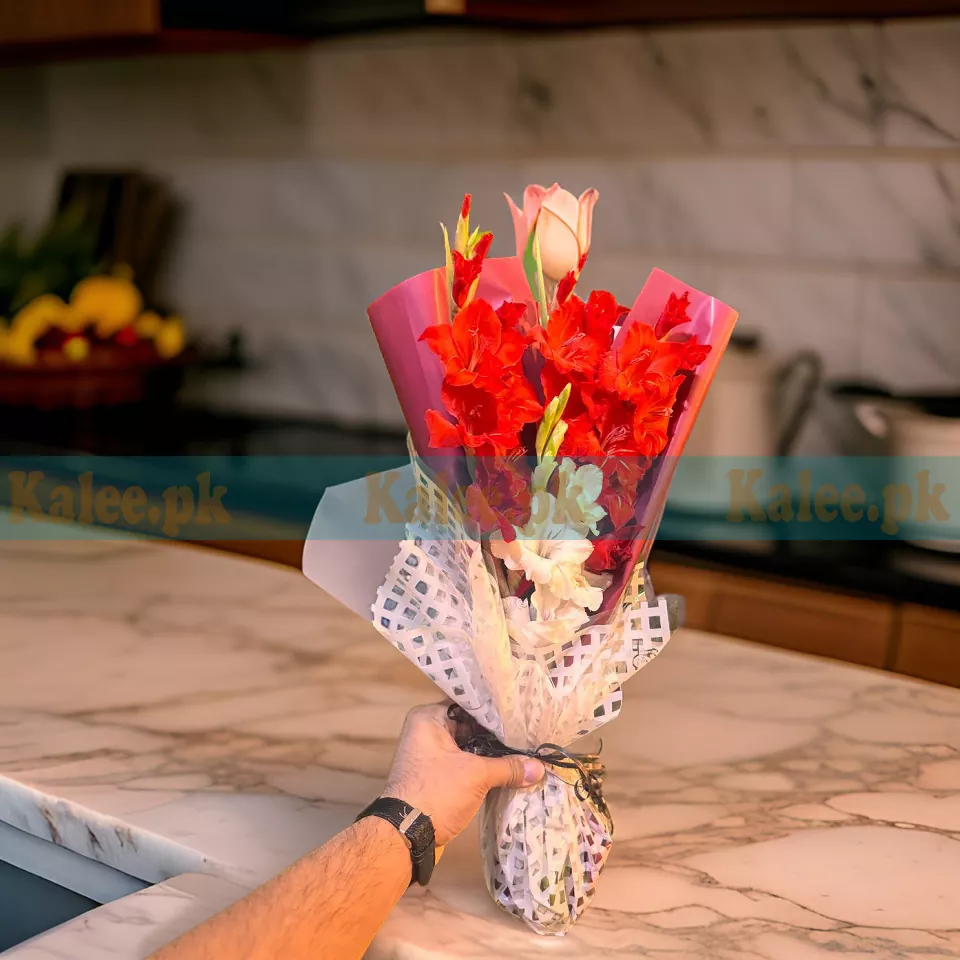 Elegance and Charm Red and White Gladiolus with Pink Rose Flower Bouquet