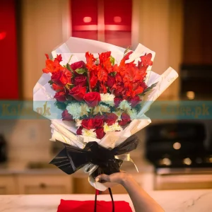 Composition of Elegance Red Gladiolus Red Roses & White Daisy Flowers Bouquet