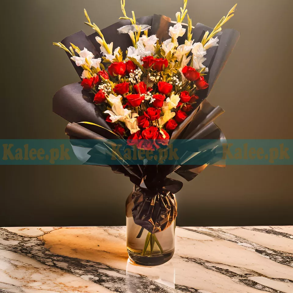 Blend of Romance Baby's Breath Red Roses & White Gladiolus Flowers Bouquet