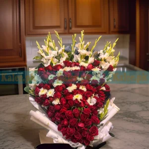 Red Roses White Gladiolus & White Daisy Flowers Table Bouquet