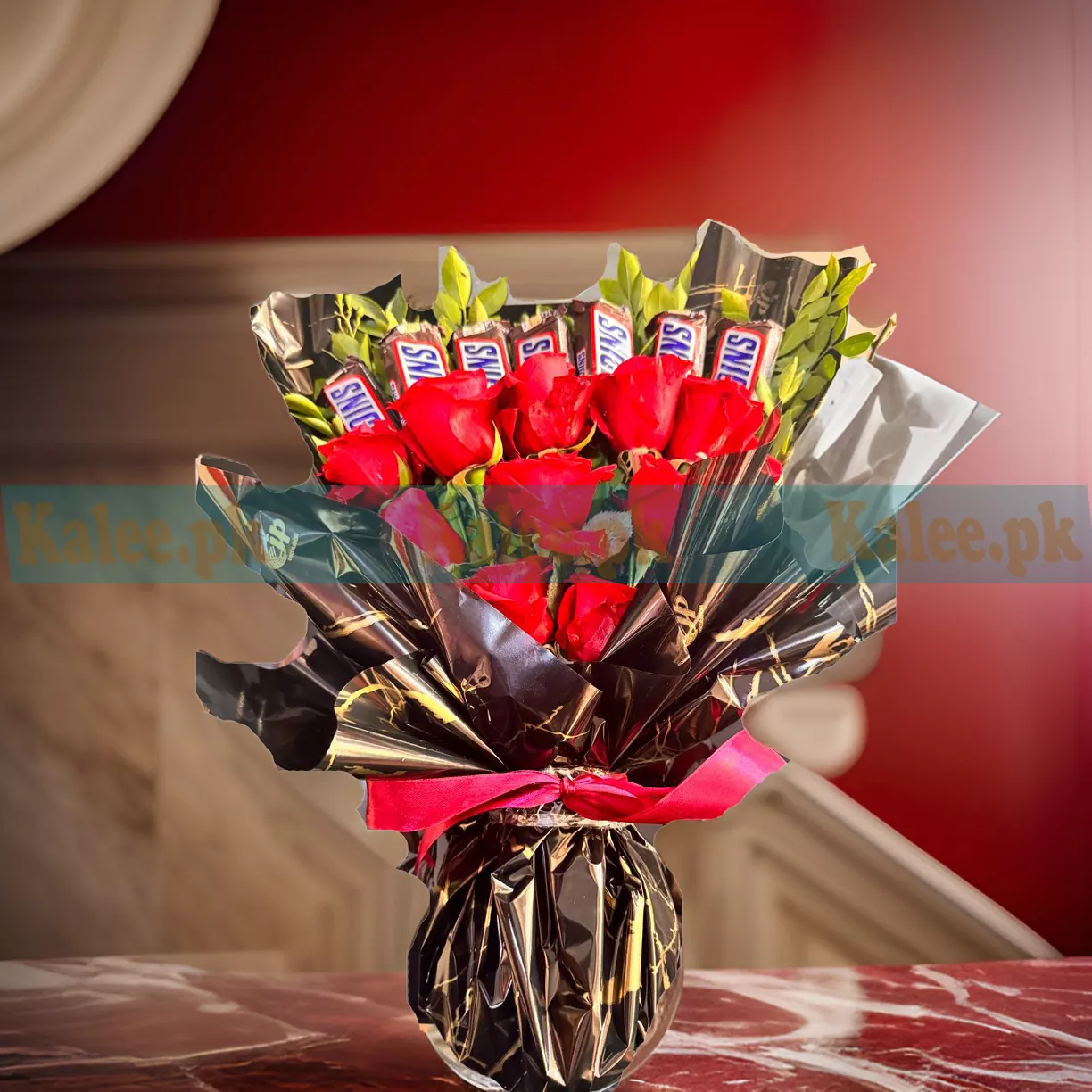 Crimson Temptation Chocolates Bouquet with Red Rose Flowers
