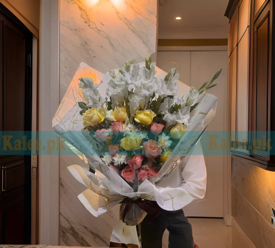 Yellow and Pink Rose Flowers Bouquet with White Gladiolus & Daisy Flowers