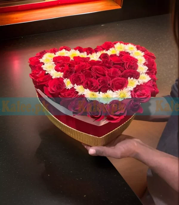 Fusion of Romance & Simplicity Red Rose & White Daisy Flowers Box