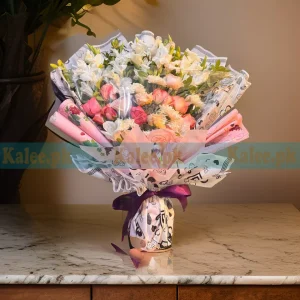 Pink Roses Bouquet with White Gladiolus and Daisies Flowers