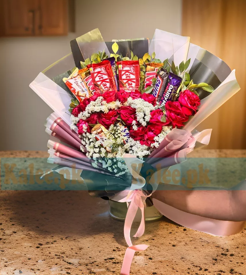 Red Roses and Chocolates Bouquet with Lacy Lace Flowers
