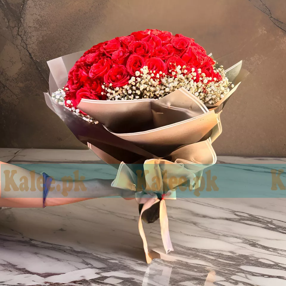 Red Roses Bouquet with Baby's Breath Flowers arranged in a delicate display