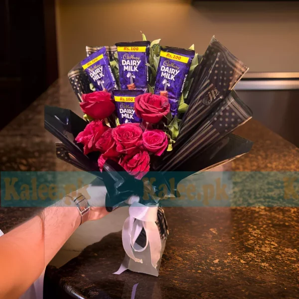 Romantic Gesture Red Rose Flowers Bouquet with Dairy Milk Chocolates