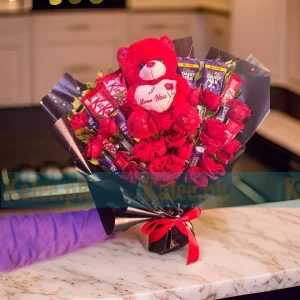 Heartwarming Gesture Red Roses Chocolates Bouquet With Teddy Bear