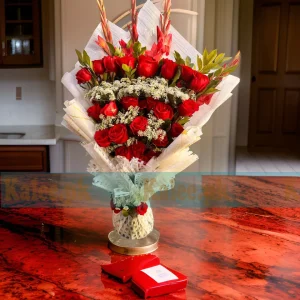 Blend of Romance Lacy Lace & Red Roses Bouquet with Red Gladiolus