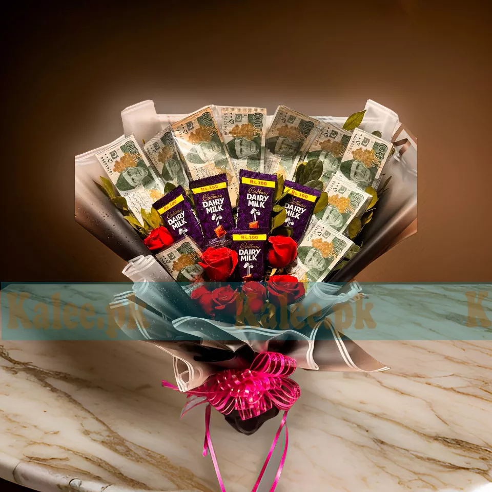 Stylish Gesture Currency Notes Bouquet with Chocolates & Red Roses