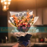 Currency Notes Bouquet with Baby's Breath, Purple Daisies & Glades Flowers