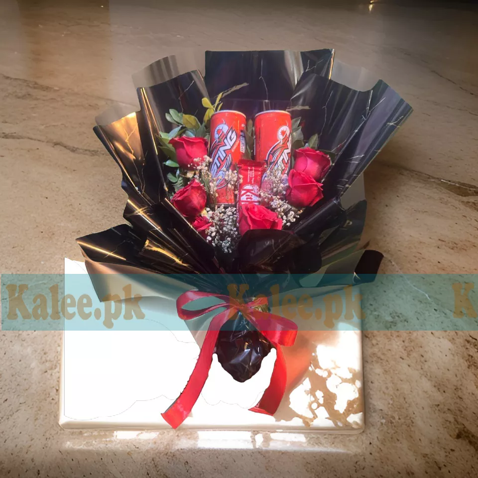 Refreshing Surprise Sting Soft Drink Bouquet with Baby's Breath Red Rose Flowers