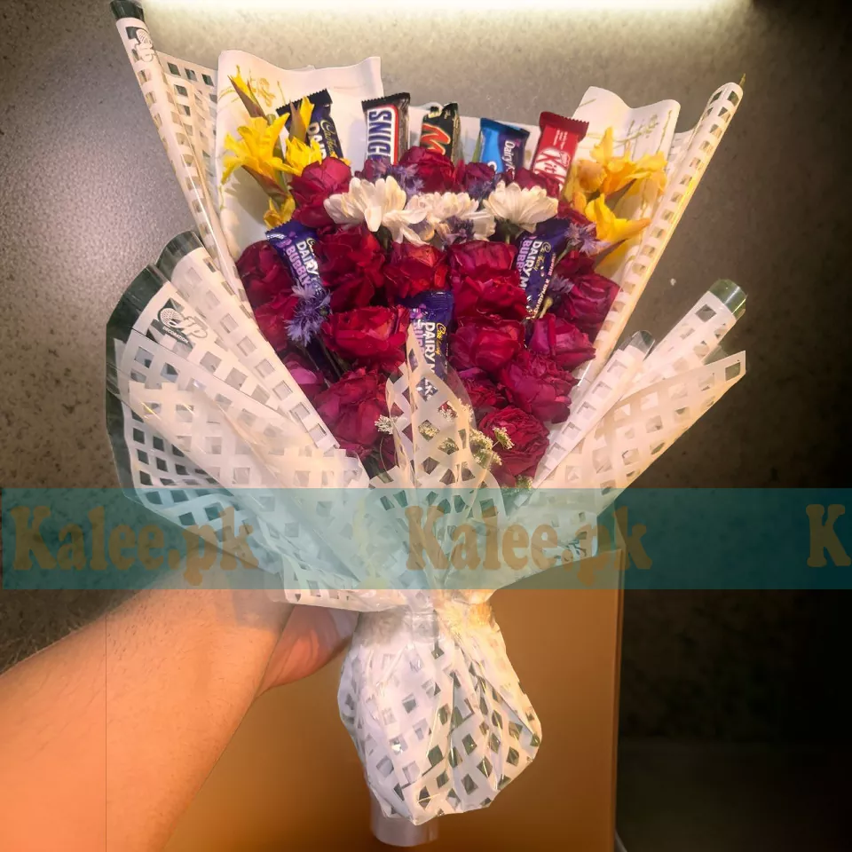 A luxurious Chocolate Bouquet paired with fresh red roses, gladiolus, and chrysanthemum flowers for an elegant gift.