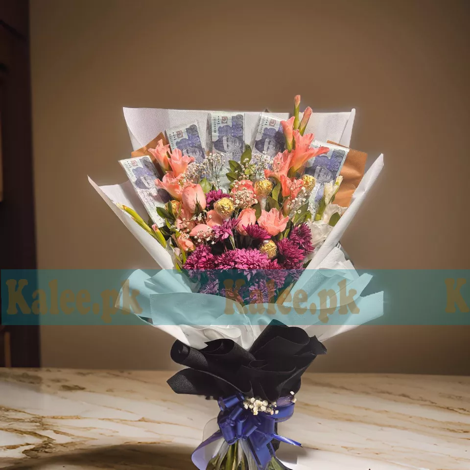 A unique Flowers Cash Bouquet featuring daisies, glades, baby’s breath, and chocolates for a luxurious and thoughtful gift.