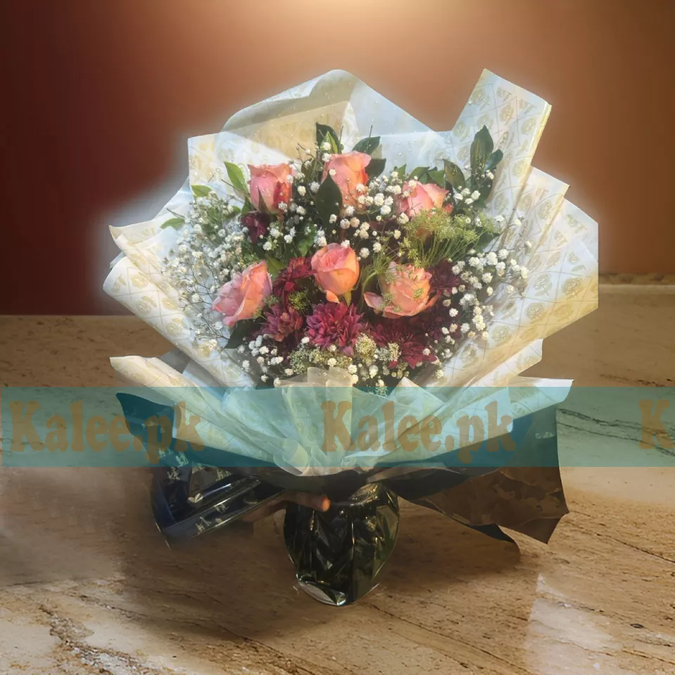 A charming Pink Rose Bouquet with fresh daisies and delicate baby's breath for a soft, elegant look.