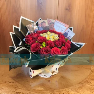 Ferrero Rocher Chocolates Bouquet With Red Rose Flowers