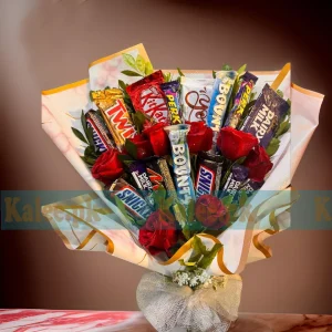 Wrapped Chocolates Bouquet With Red Roses