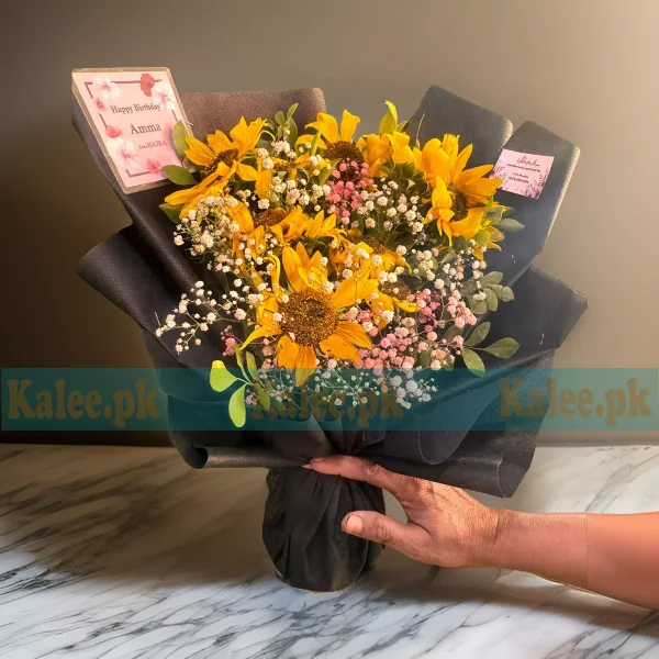 Colored Baby's Breath Sunflowers Elegant Bouquet