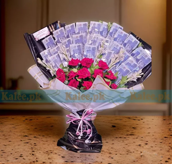 A cash bouquet with red rose flowers.