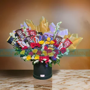 Containing chocolates and colorful Mixed Flowers Box.