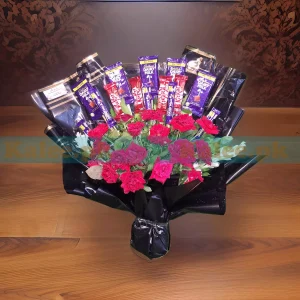 Red Rose Bouquet with Chocolates and tuberose, elegantly wrapped with a satin ribbon.