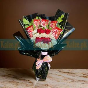 Flower Chocolate Bouquet with white daisies, red roses, and premium chocolates, elegantly wrapped.