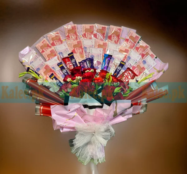 A bouquet featuring a mix of flowers and currency notes.