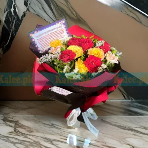 A bouquet of mixed colorful flowers arranged elegantly.