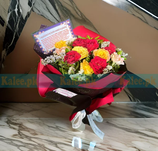 A bouquet of mixed colorful flowers arranged elegantly.