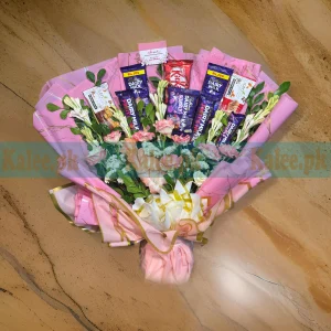 Bouquet with Mixed Flowers and chocolates, elegantly wrapped with a satin ribbon.