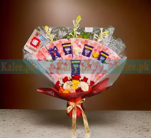 A delightful bouquet of chocolates and flowers, with 100 rupee cash currency tucked in, making it a perfect gift for special occasions.