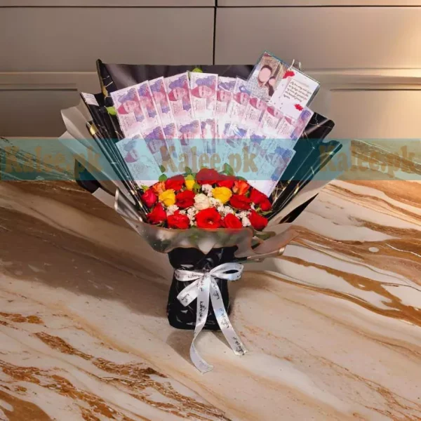 A charming bouquet of flowers and chocolates, complemented by 50 rupee cash notes, making it an ideal gift for any occasion.