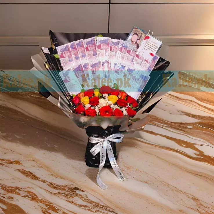 Bouquet with 50 Rupee Cash notes, fresh flowers, and chocolates, elegantly wrapped.