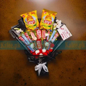 Bouquet with Mixed Flowers with chocolates, Lays chips, and mixed flowers.