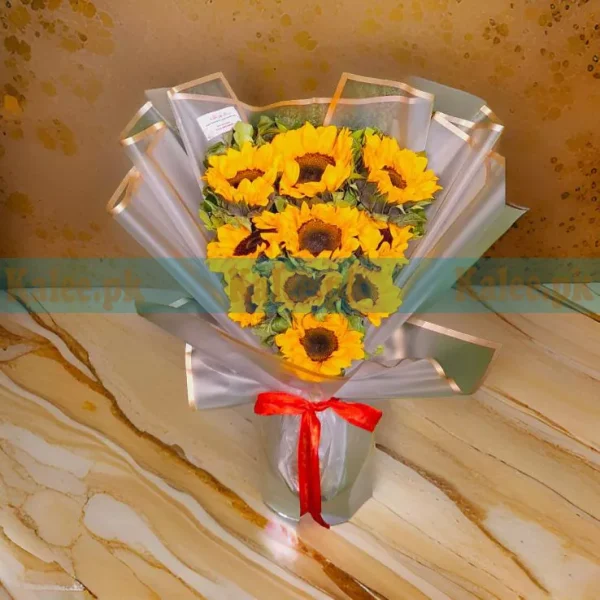 Decently wrapped bouquet of imported sunflowers.