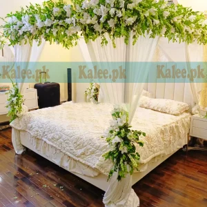 A wedding bridal bedroom decorated with white gladiolus and tuberose flowers, exuding elegance and serenity.