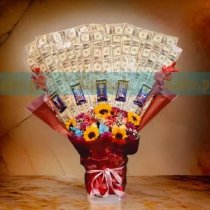 Unique 1 Dollar Currency Bouquet with fresh flowers and chocolates, wrapped in elegant paper and ribbon.