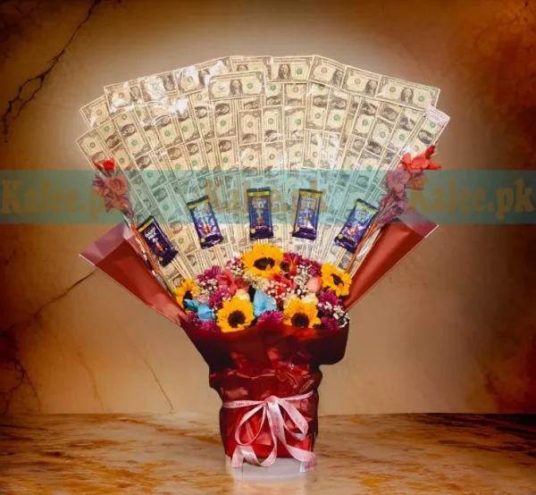 Unique 1 Dollar Currency Bouquet with fresh flowers and chocolates, wrapped in elegant paper and ribbon.