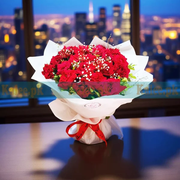 Red Roses Round Bouquet With Baby's Breath