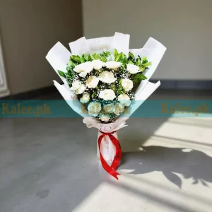 English White Roses Bouquet With Baby's Breath