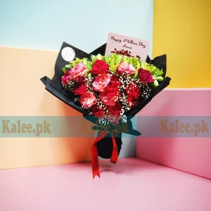 Red & Pink Rose Flowers Bouquet With Baby's Breath