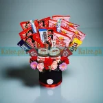 Treat Box With Flowers and Chocolates including Dairy Milk, Mars, M&M’s, Bounty, KitKat, Hershey’s, Galaxy, Ramen noodles and Nutella from Kalee.pk Karachi