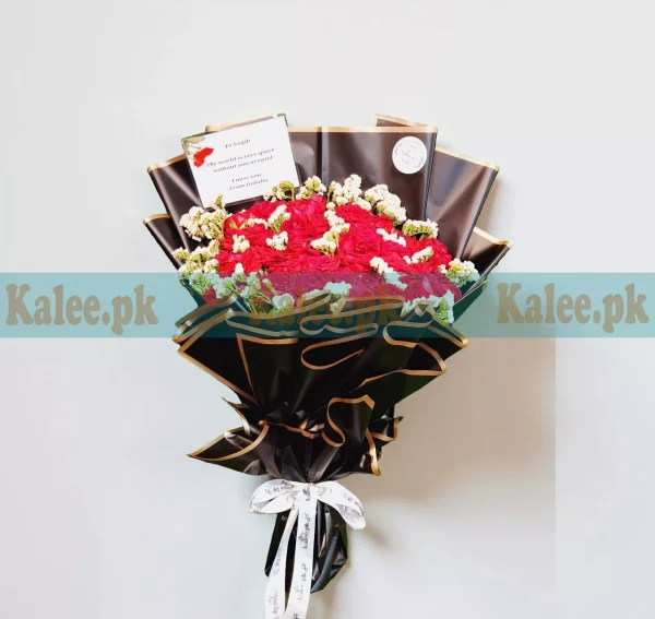 Red Roses & Statice Flower Bouquet