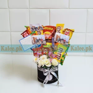 Chocolates & Chips Treat Box With Artificial Flowers