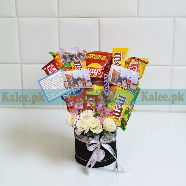 Chocolates & Chips Treat Box With Artificial Flowers